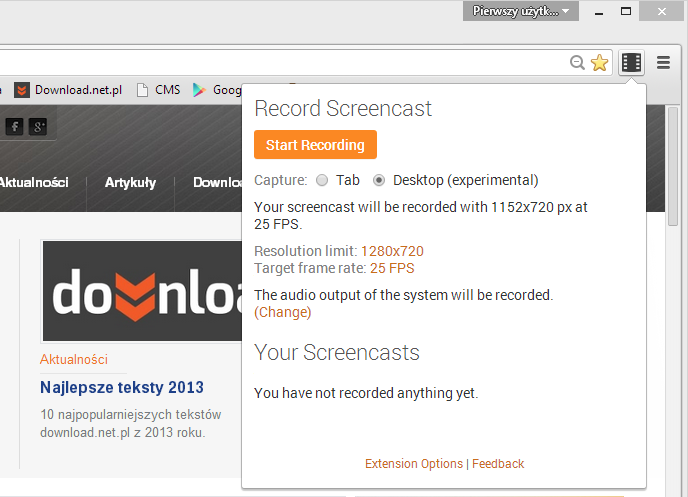 Screencastify - ustawienia nagrywania