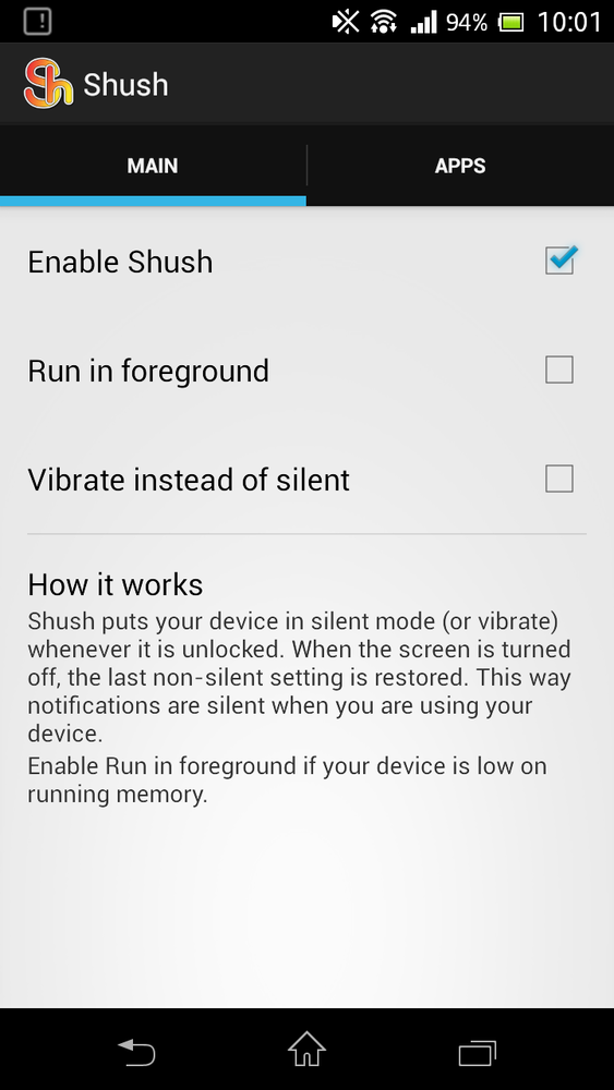 Shush -  główne opcje aplikacji
