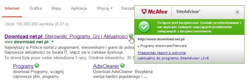 SiteAdvisor w wynikach wyszukiwania Google