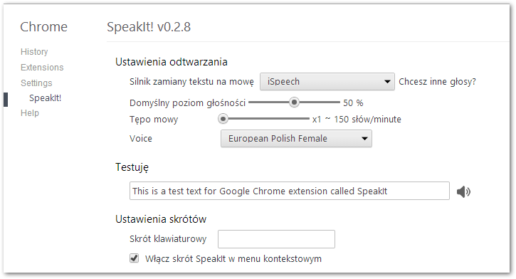 Opcje rozszerzenia SpeakIt! w Chrome