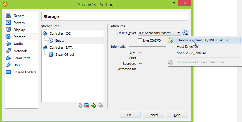 Montowanie obrazu ISO SteamOS w VirtualBox