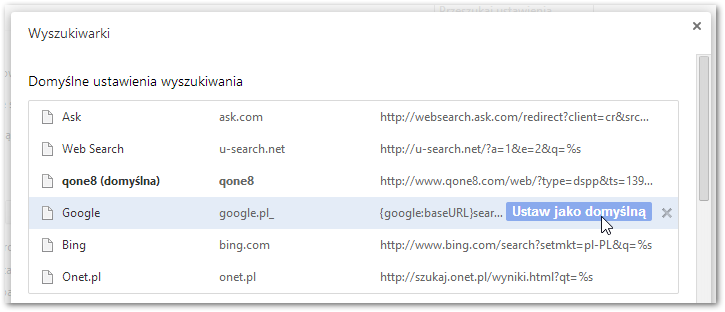 Zarządzanie wyszukiwarkami w Chrome
