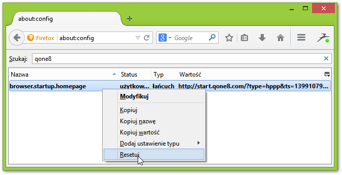 Qone8 w Firefox - about:config