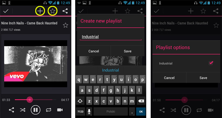 uListen - widok odtwarzanego utworu, tworzenie playlisty i dodawanie do playlisty