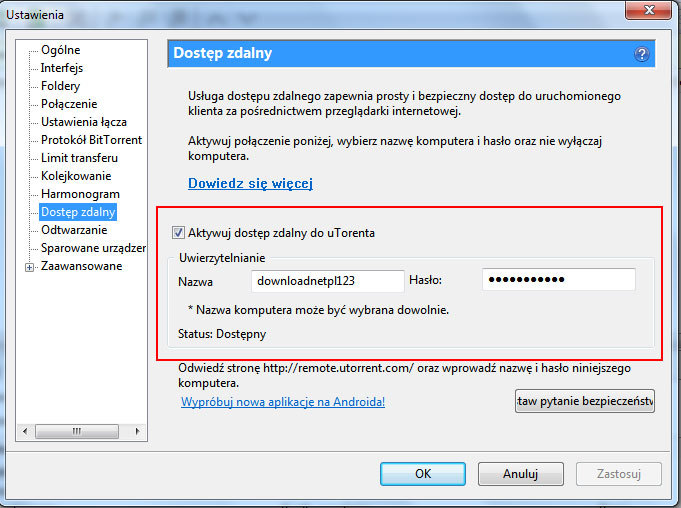 Aktywacja zdalnego dostępu w uTorrent