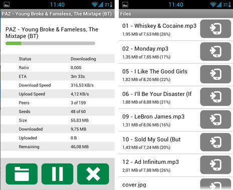 uTorrent Remote - szczegóły zadania i pobieranie pojedynczych plików na smartfona