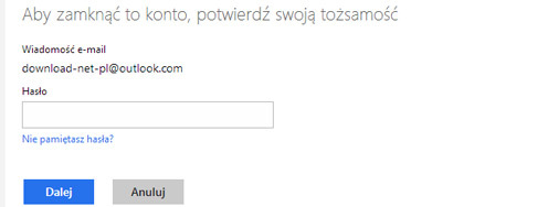 Potwierdzenie zamknięcia konta Microsoft