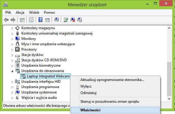 Menedżer urządzeń - wyszukanie swojej kamery internetowej