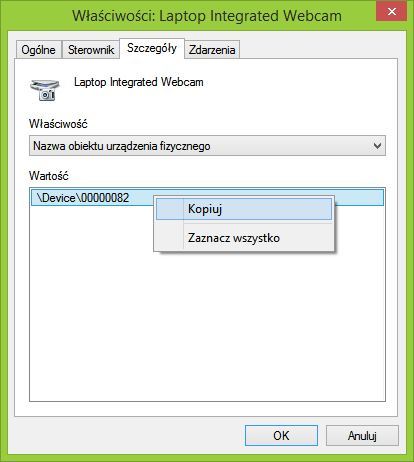 Wyświetlanie szczegółów kamerki internetowej