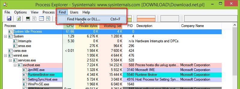 Process Explorer - wyszukiwanie procesu