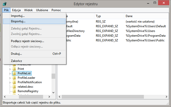 Eksportowanie klucza ProfileList