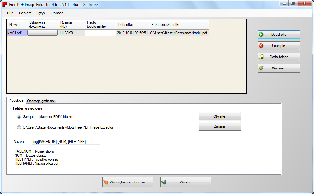 Free PDF Image Extractor - główne okno programu