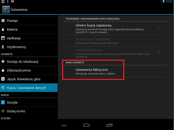 Przywracanie ustawień fabrycznych w Androidzie