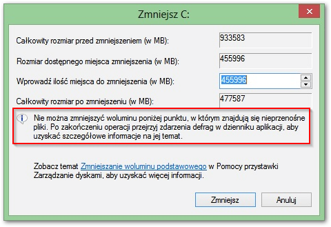 Nieprzenośne pliki blokują zmianę rozmiaru dysku