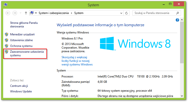 Właściwości systemu w Windows 8