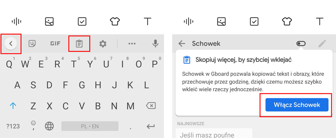 Włącz schowek w Gboard