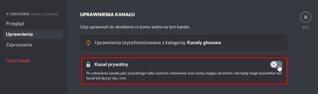 Ustaw istniejący kanał jako prywatny