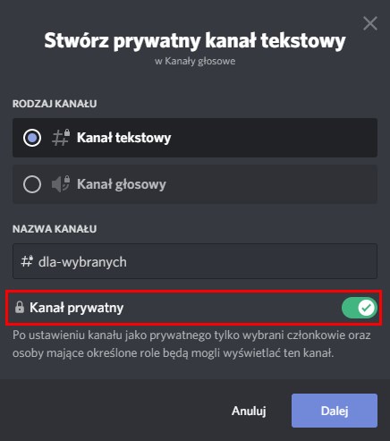 Wybierz typ kanału i ustaw go jako prywatny