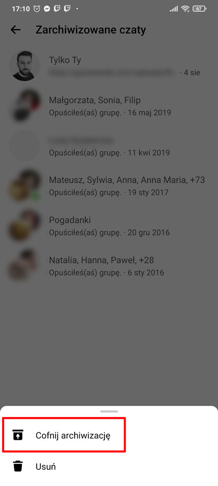 Cofnij archiwizację rozmowy w Messengerze