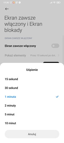 Wybierz czas, po jakim ekran ma być usypiany
