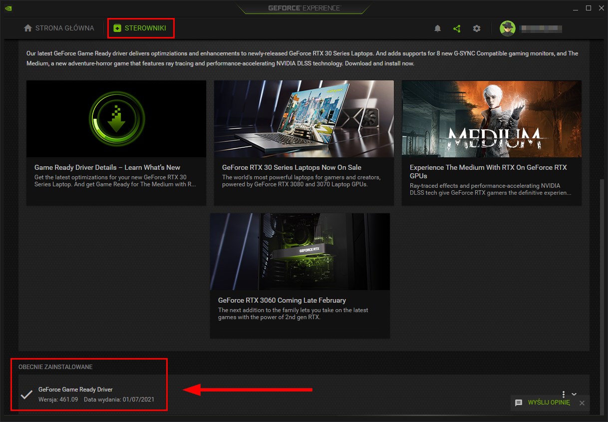 Wersja sterownika w GeForce Experience