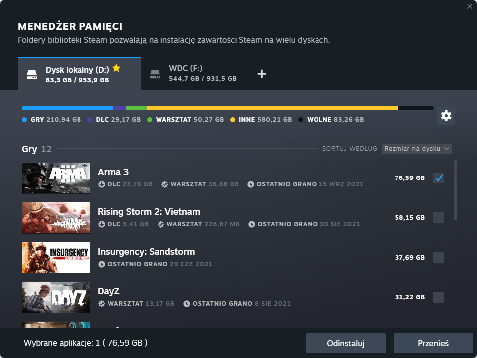 Menedżer pamięci w Steam