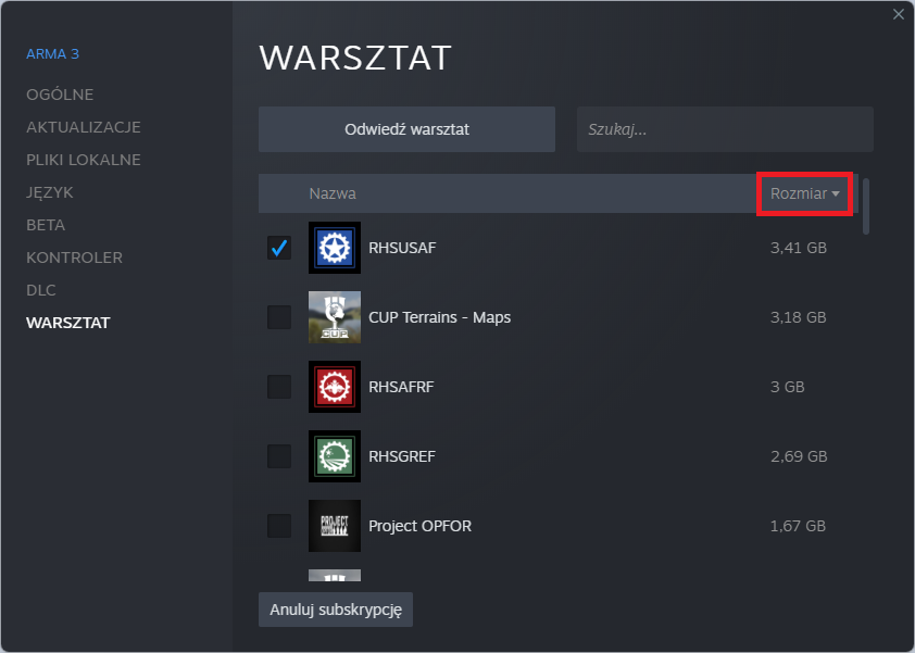 Lista zainstalowanych modów z Warsztatu