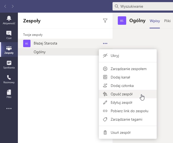 Opuść zespół Teams