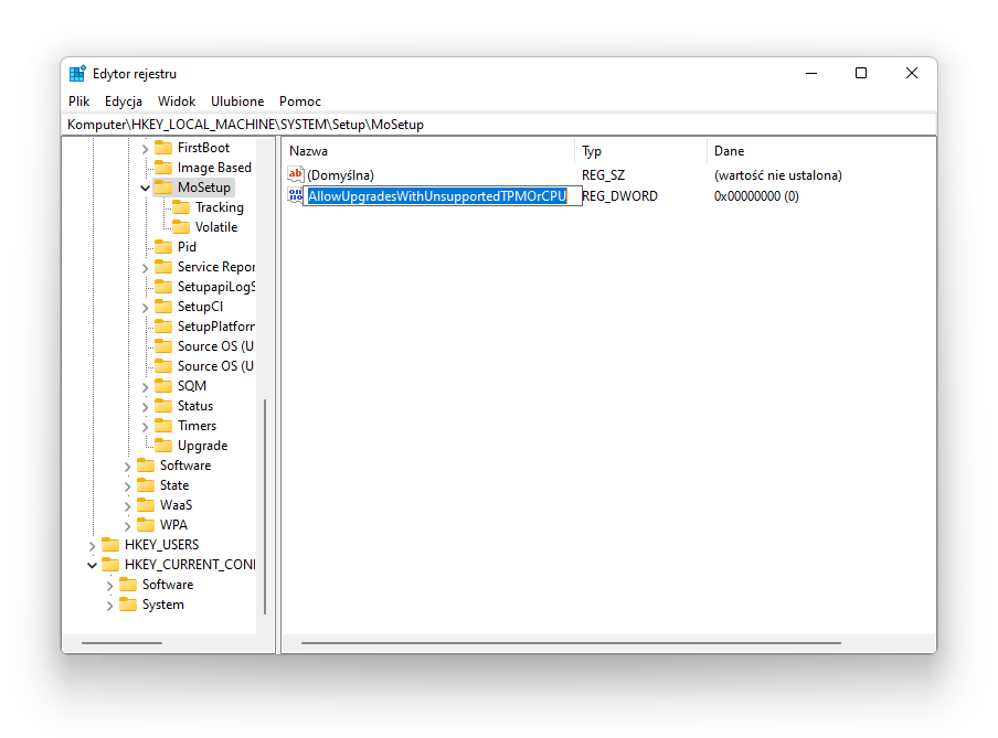 Utwórz wpis AllowUpgradesWithUnsupportedTPMorCPU