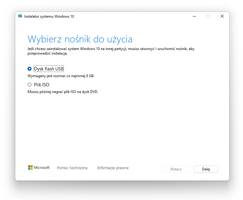 Wybierz opcję tworzenia nośnika USB