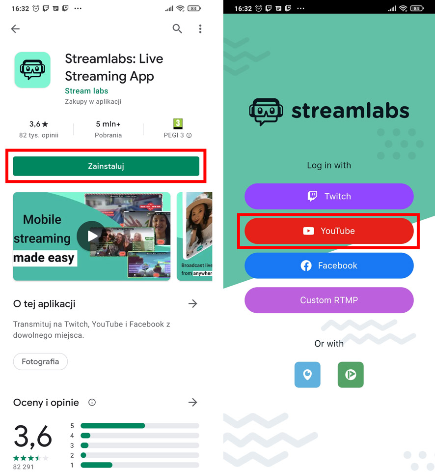 Wybierz logowanie w Streamlabs na konto YouTube
