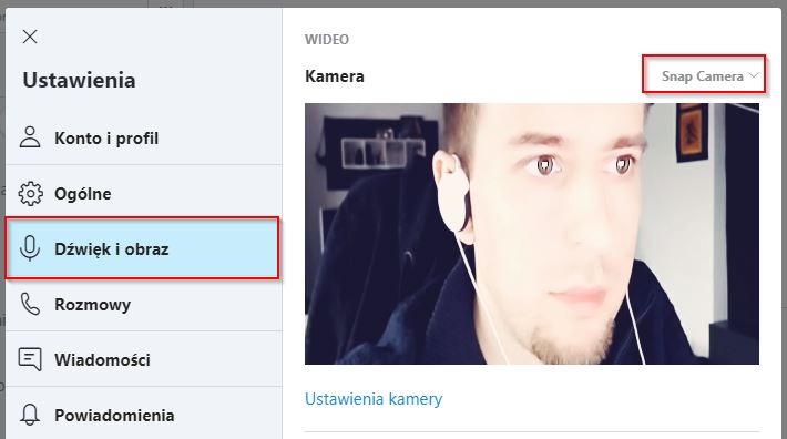 Wybierz w Skype kamerę "Snap Camera"